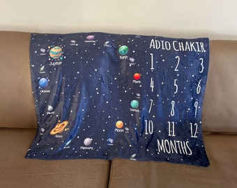 Space Themed Baby Milestone Blanket With Planets and Stars, Monthly Baby Growth Tracker Swaddle, Thoughtful Newborn Baby or Baby Shower Gift