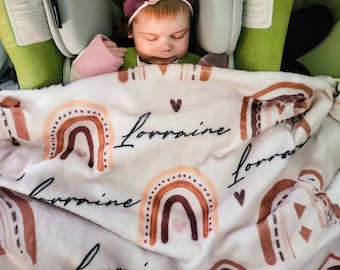 Baby Name Blanket, Custom Boho Style Baby Blanket with Rainbow, Personalized Rainbow and Heart Blanket, Expecting Mom Gift, Baby Shower Gift