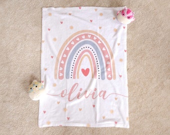 Custom Name Blanket, Boho Rainbow Baby Blanket with Sun and Hearts Pattern, Personalized Girl or Boy Blanket, Baby Shower Gift, Name Reveal