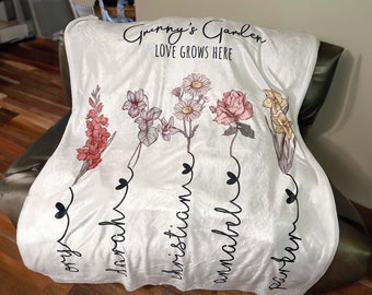 Custom Grandma Garden Blanket, Personalized Birth Flower Blanket With Grandkids Names, Granny Mother's Day, Christmas Gift, Special Keepsake