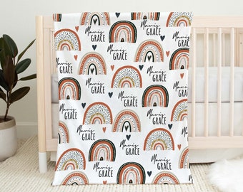 Boho Rainbow Personalized Baby Blanket With Name, Custom Toddler Blanket, Expecting Mom Gift, Baby Shower Gift, Rainbow Kids Blanket
