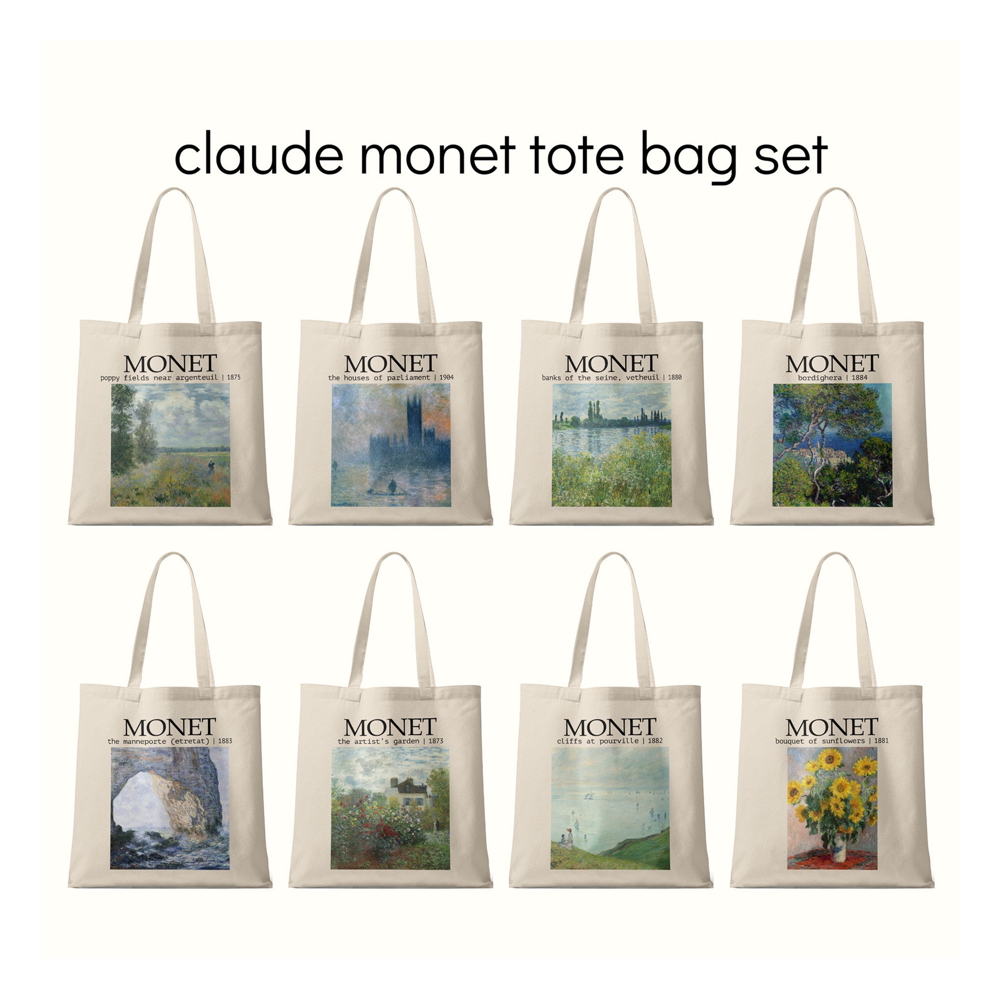 Claude Monet Paintings Tote Bag Set Stylish Fine Art Print 