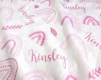 Soft and Lightweight Custom Baby Girl Blanket With Pink Boho Rainbows and Floral Elements, Unique Newborn Birthday or Baby Shower Gift