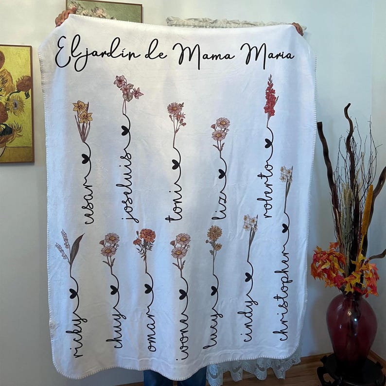 Benutzerdefinierte Oma Gartendecke, personalisierte Geburtsblumendecke mit den Namen der Enkelkinder, Oma-Muttertag, Weihnachtsgeschenk, spezielles Andenken Bild 5