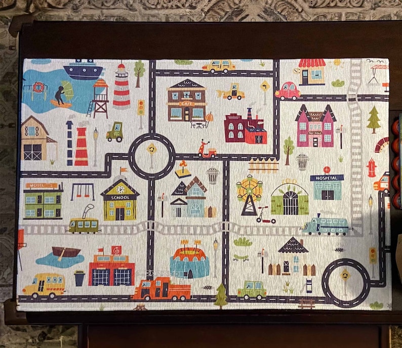 City Traffic Map Children Friendly Carpet, Traffic Car Road Map Rug ...