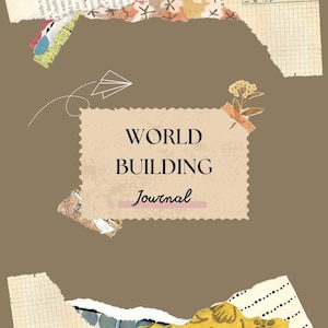 Könnte beinhalten: Ein braunes Journal mit dem Text "WORLD BUILDING Journal" auf dem Cover. Das Cover ist mit Papierschnipseln und einem kleinen Papierflugzeug verziert.