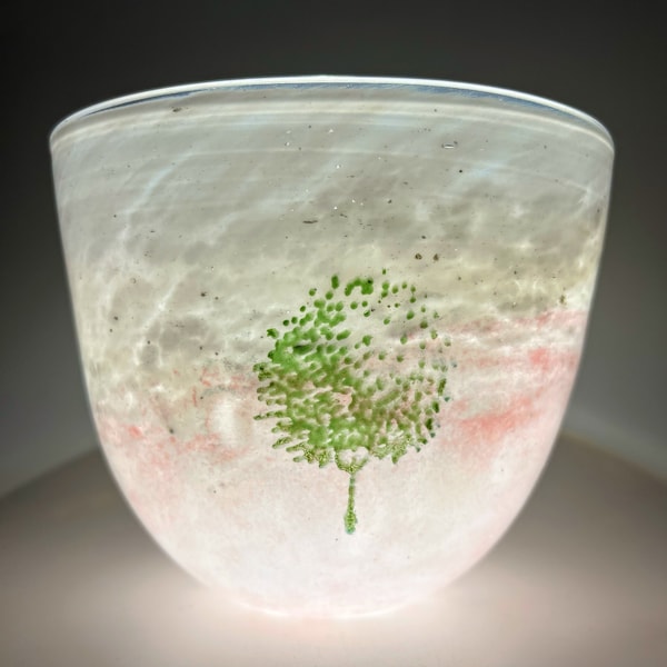 Kjell Engman - Kosta Boda - Bowl  - Handpainted - Handmade glass - May - Pink - Leaf - Centerpiece - Sweden  - 80s Scandinavian Retro