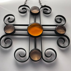 Gunnar Ander - Ystad Metal - Window ornament - Wrought iron - Wallhanging -  Sweden - Scandinavian - Amber Glass - Swedish Vintage - 60s