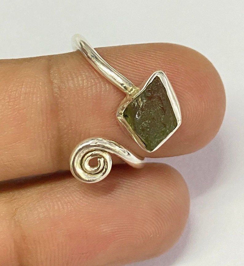 Adjustable Natural Moldavite Silver Ring Rough 925 Silver Sterling Moldavite Ring Healing Moldavite Ring Genuine Raw Moldavite Ring