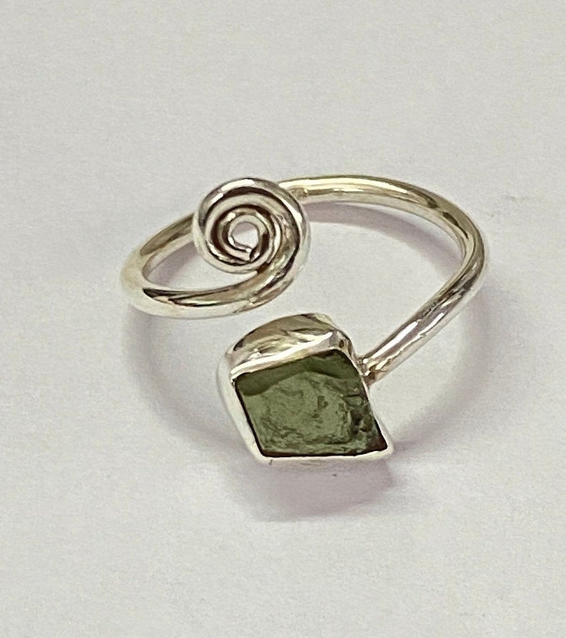 Adjustable Natural Moldavite Silver Ring Rough 925 Silver Sterling Moldavite Ring Healing Moldavite Ring Genuine Raw Moldavite Ring