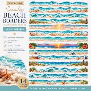 May include: A collection of 14 seamless watercolor beach borders featuring ocean waves, sandy shores, seashells, starfish, tropical flowers, and beach scenery. The digital clipart set includes various coastal elements with a transparent background.