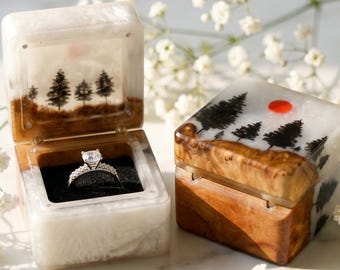 Pine Forest Engagement Ring Box, Handmade Resin Ring Holder, Rustic Proposal Box, Woodland Wedding Decor Wedding Proposal Keepsake