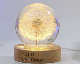 Dandelion Night Light, Real Dandelion puff Paperweight, Flower Epoxy Resin Nightlight, Epoxy Resin Wood Table Lamp Gift for her gift for mom