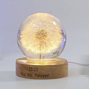 Dandelion Night Light, Real Dandelion puff Paperweight, Flower Epoxy Resin Nightlight, Epoxy Resin Wood Table Lamp Gift for her gift for mom Lamp&Laser engraved