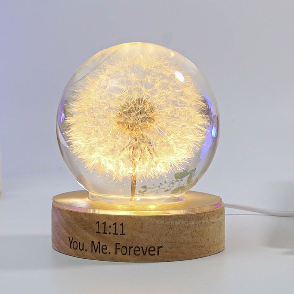 Dandelion Night Light, Real Dandelion puff Paperweight, Flower Epoxy Resin Nightlight, Epoxy Resin Wood Table Lamp Gift for her gift for mom