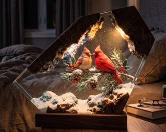 Cardinal Couple Christmas Lamp, Red Bird Winter Night Light, Handmade Wood Epoxy Resin Lamp, Christmas Gift for Bird Lovers