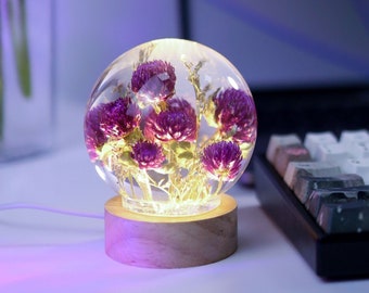 Globe Amaranth Flower in Glass Night Lamp Real Globe Amaranth lamp Unique Gifts for Anniversary Birthday Wedding Mother's day gift for mom