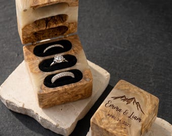 Engraved Triple Flip Wood Ring Box - Ring Box for 3 Rings, Wedding Ceremony Ring Bearer Box, Engagement Ring Storage, Unique Gift for Her