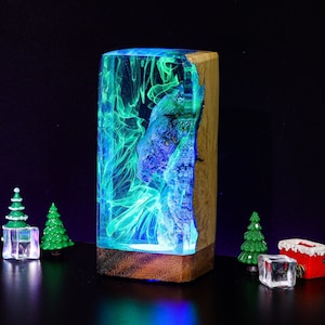 Epoxy Resin Night Light Aurora Borealis Lamp Northern Lights Lamp Epoxy Resin Wood Rustic Table Lamp Rustic Home Decor