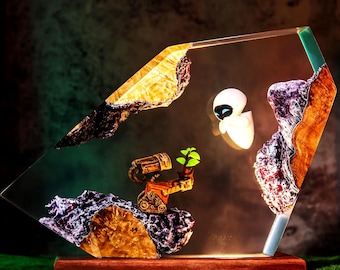 Wall-E and Eve resin lamp, Handmade Epoxy Diorama Epoxy Lamp resin art, Housewarming Gifts Bedroom lamp Father's days
