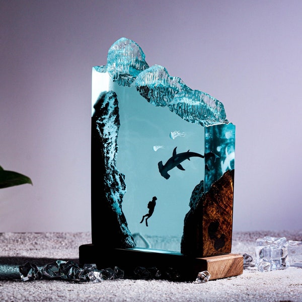 Hammerhead Shark and Diver Resin Night Light Epoxy and Wooden Lamp Epoxy Resin Wood Rustic Creative Handmade Furniture and Decor