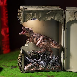 T-Rex Book Nook with Warm LED Lights, Handmade Jurassic Diorama Insert for Bookshelf, Dino Decor Gift for Dinosaur Movie Lover, Gift for him