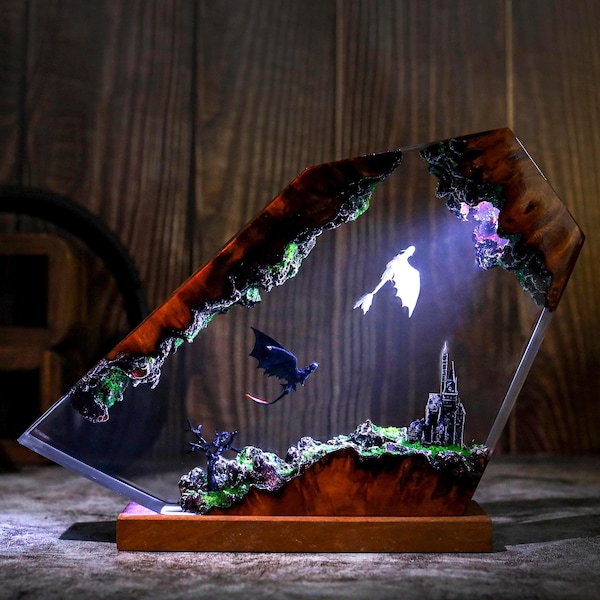 Too.thl.ess Lampa z żywicy Dragon ver 2, Lampa nocna HTTYD, Lampa Light Fury, Niepowtarzalny prezent, Sztuka żywicy, Prezenty na parapetówkę Lampa do sypialni