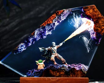 The Mand.al.orian Diorama Night Light, Custom Star W.ar Epoxy Lamp, Darth Lord Resin Night light, Unique Gift, Valentine Gift for Him