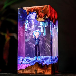 Coraline Epoxy Lamp Twitchy Witchy Girl Night Light Couple Gifts bedside lamp wood, father&#39;s day gift, diorama lamp, sister gift