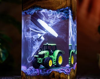 Farm Tractor and Airplane Resin Lamp, Green Tractor Epoxy Night Light, Farmer Pilot Gift, Farmhouse Desk Decor, Tractor Lover Gift
