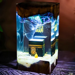 Islamic Kaaba Resin Lamp, Allah Epoxy Night Light, Muslim Gift Handmade, Mecca Home Decor, Hajj Mubarak Gift, Color Changing Lamp image 1
