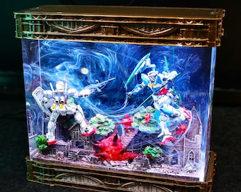 Diorama Battle Gun.dam Lamp, Custom RX-78-2 Gun.dam Lamp, Gift for Valentine, Gift for kids, RX‑78‑2 vs 00 QanT Battle, Ruined City Base Art