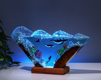 Humpback Whale and Diver Night Lights, Manta Rays Epoxy lamp, Epoxy Resin Table Lamp, Boho Home Decor Creative Personalized Gifts