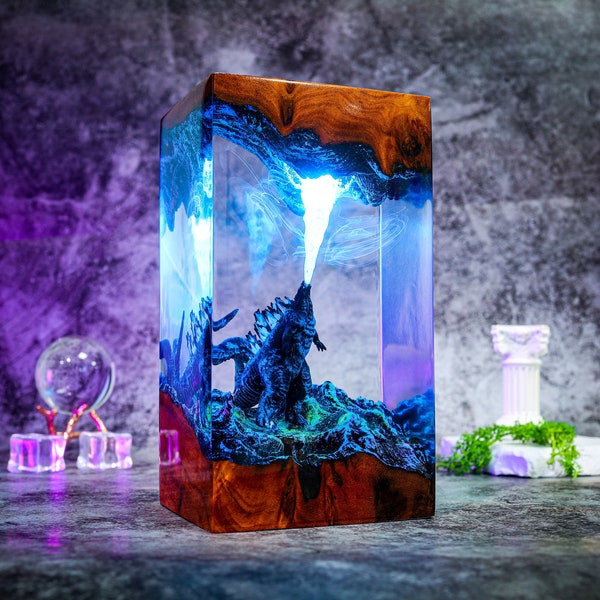 GODZILLA Monster Night light Atomic Breath Resin Lamp Godzilla figure Terrarium Personalized Night Light Bedroom lamp diorama resin epoxy