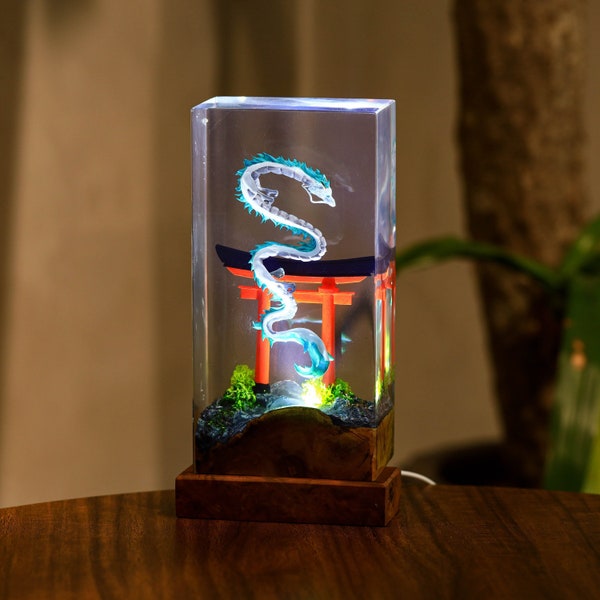 Dragon Night Light Japanese Lamp Torii Gate Lamp Modern Table Lamp Epoxy Resin Wood Rustic Handmade Furniture And Decor Personalized Gifts