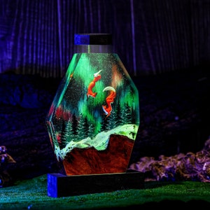 Fox in Aurora Borealis Night Lamp Northern Lights Lamp Alaska Decor Northern Lights Gift Resin Lamp Wood Creative Personalized Gifts