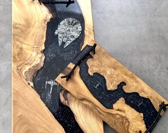 Walnut Star War Epoxy Resin Live Edge Cheese Tray, Millennium Falcon serving board, metal handles, charcuterie board, Housewarming Gift