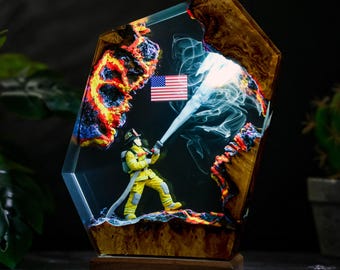 Hero Firefighter Epoxy Lamp, Fire Department Resin Night Light, First Responder Desk Decor, Hero Resin Decor Gift for Dad