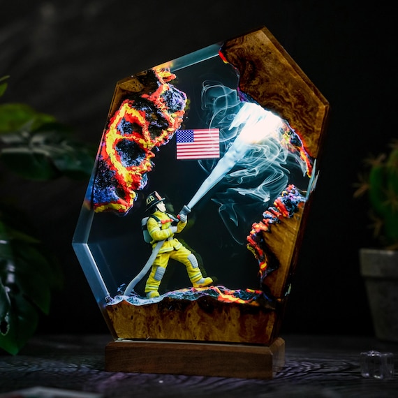 Hero Firefighter Epoxy Lamp, Fire Department Resin Night Light