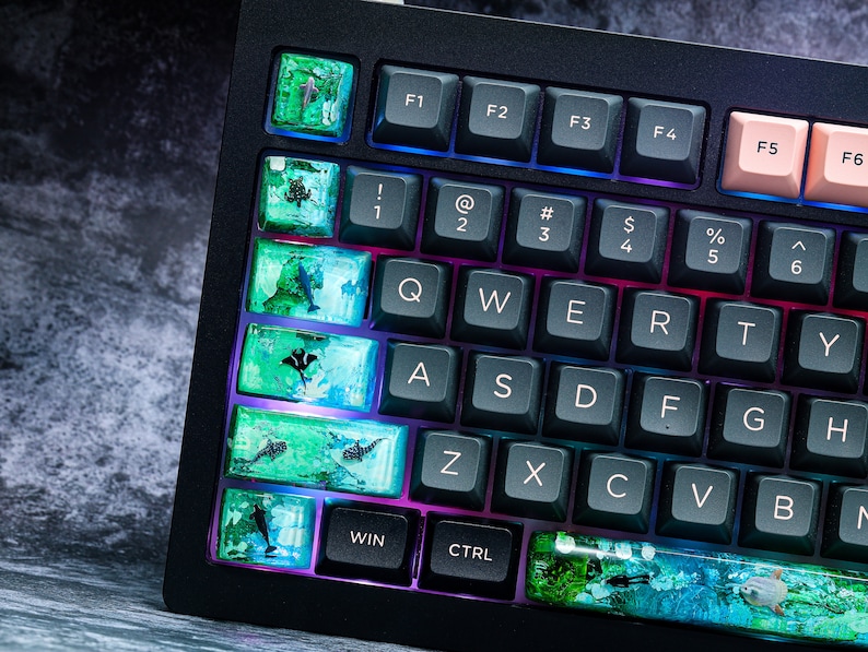 May include: A black mechanical keyboard with custom keycaps featuring a blue and green ocean-themed design. The keycaps have images of fish, seahorses, and other marine life. The keyboard has a row of function keys labeled F1 through F6. The keyboard also has a row of number keys labeled 1 through 6. The keyboard has a row of letter keys labeled Q through Z. The keyboard has a row of special keys labeled WIN and CTRL.