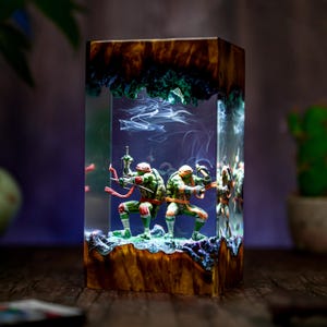 Warrior Turtle Lamp – Handmade Resin & Wood Night Light | Samurai Turtle Decor | Hero Sewer Lamp Gift, Anime Lamp, Gifts for him