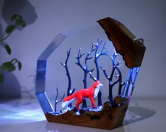 Fox in Winter Decoration Resin Lamp Wooden Fox Home Decor Craft Desk Lamp Fox Decor Wood Art Handmade furniture and decor Room decor Gift