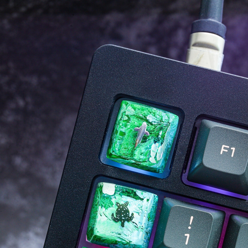 May include: A black mechanical keyboard with green and blue keycaps featuring a fish and a turtle design. The keyboard has a black cable and a black and white F1 key.