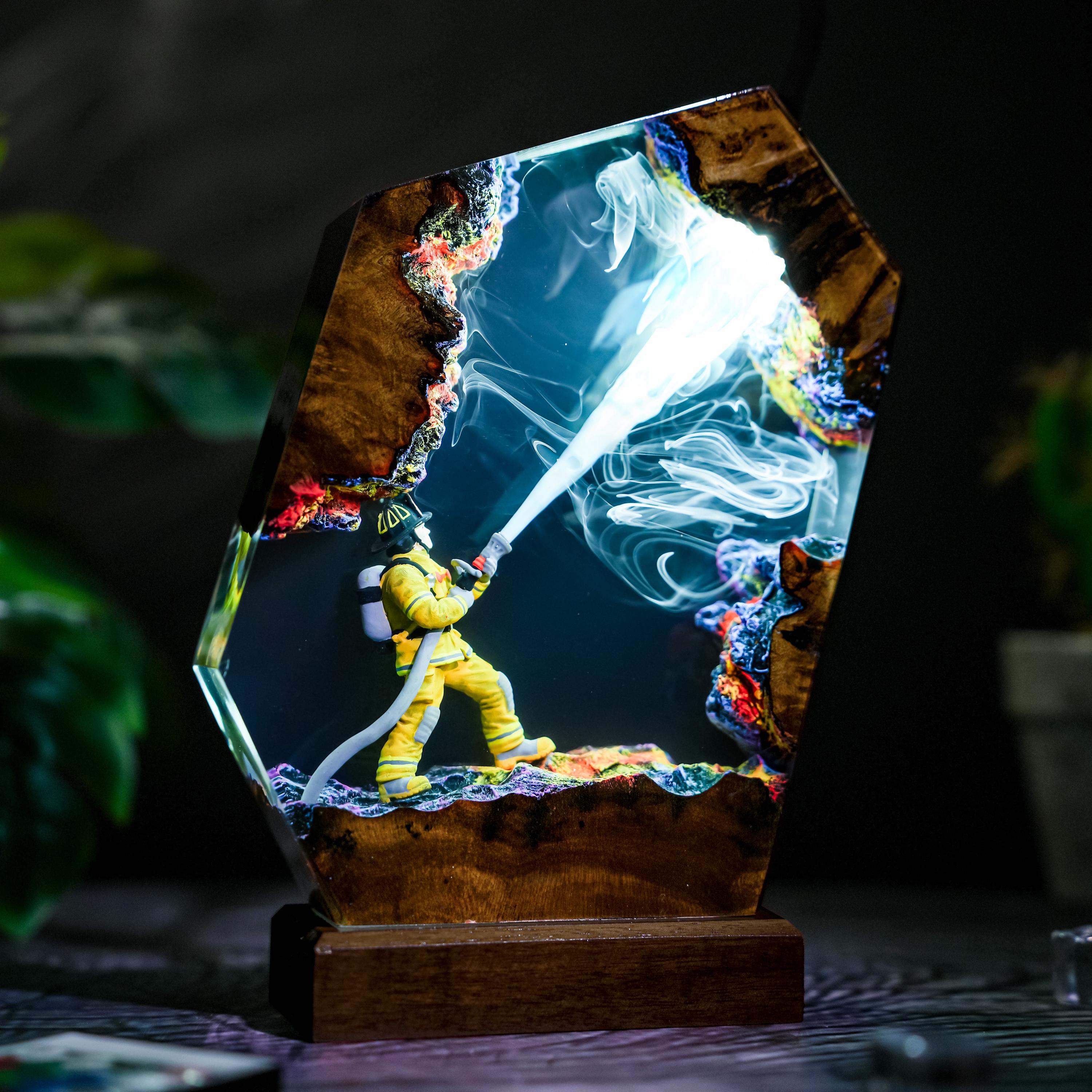 Hero Firefighter Epoxy Lamp, Fire Department Resin Night Light