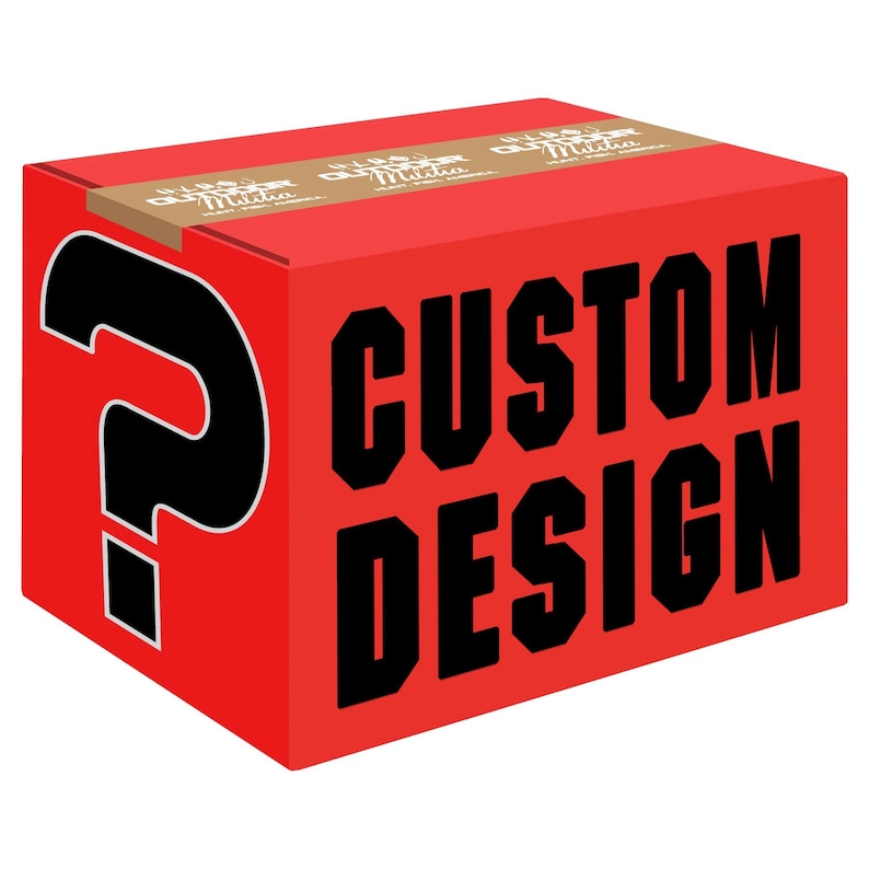 May include: A red cardboard box with the words "CUSTOM DESIGN" printed in black bold letters. A black question mark is on the front left side of the box.