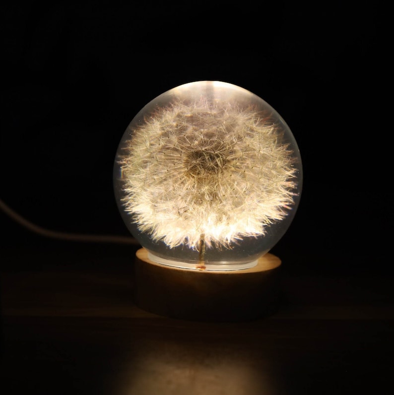 May include: A glass sphere with a dandelion inside, illuminated from within, sits on a wooden base. The dandelion is white and fluffy, and the light shines through the glass, creating a warm glow.