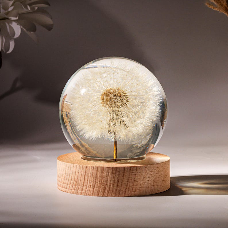 Dandelion Night Light, Real Dandelion puff Paperweight, Flower Epoxy Resin Nightlight, Epoxy Resin Wood Table Lamp Father's days idea image 8