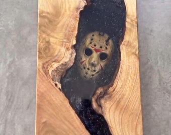 Walnut Horror Epoxy Resin Live Edge Cheese Tray with Handles, Halloween serving board, metal handles, charcuterie board, Halloween Gift