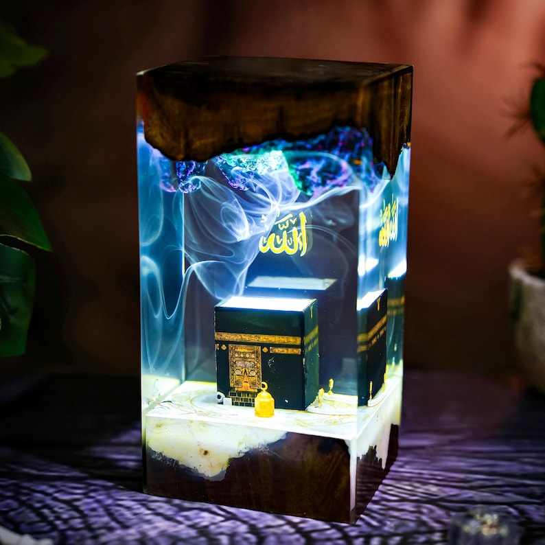 Islamic Kaaba Resin Lamp, Allah Epoxy Night Light, Muslim Gift Handmade, Mecca Home Decor, Hajj Mubarak Gift, Color Changing Lamp image 1
