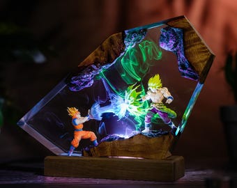 Legendarische vechters nachtlamp, epoxy lamp handgemaakt van hout en hars, op maat gemaakte anime nachtlamp, houten lamp, kerstdecoratie, cadeau voor gamers.